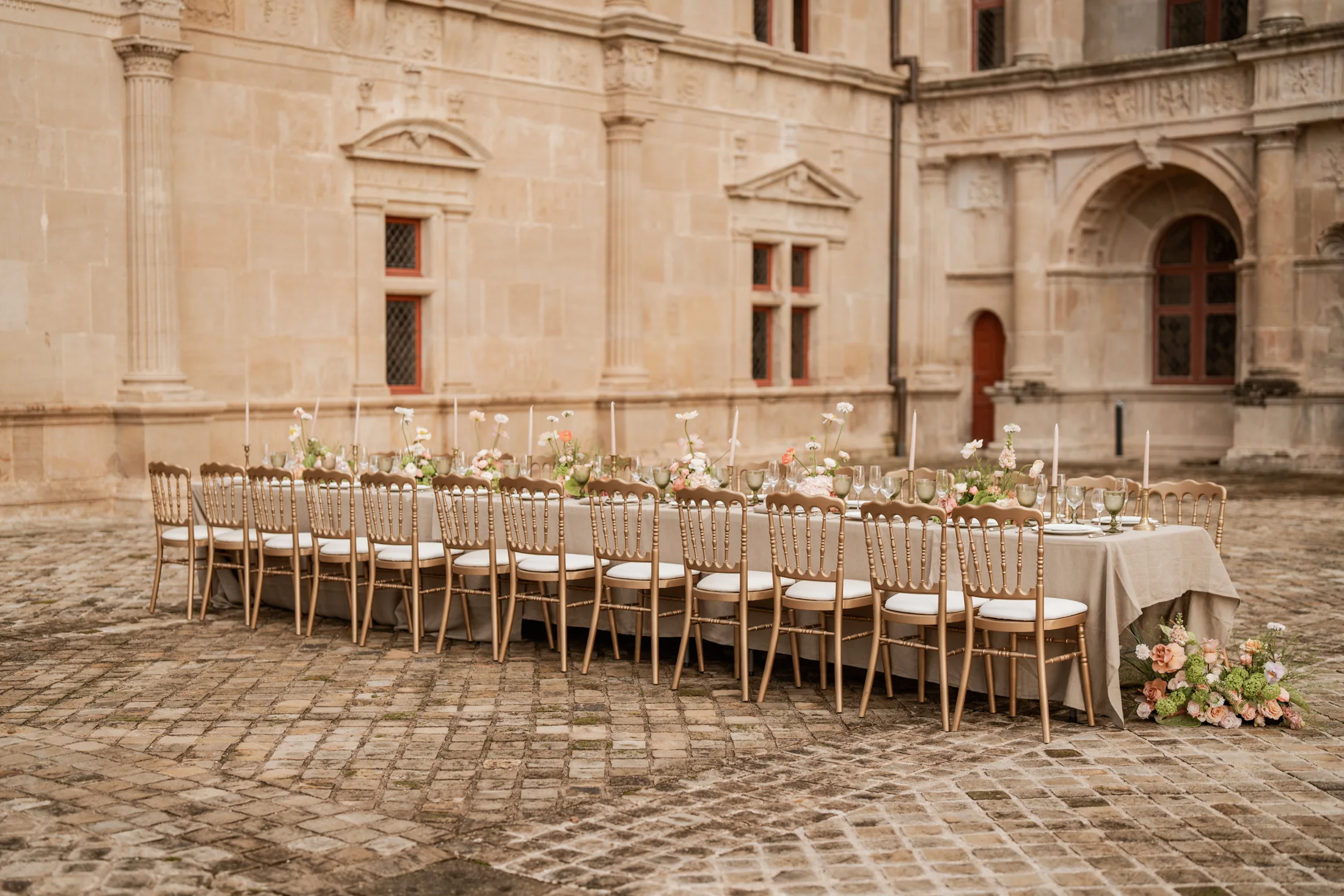 A flowered table in the courtyard