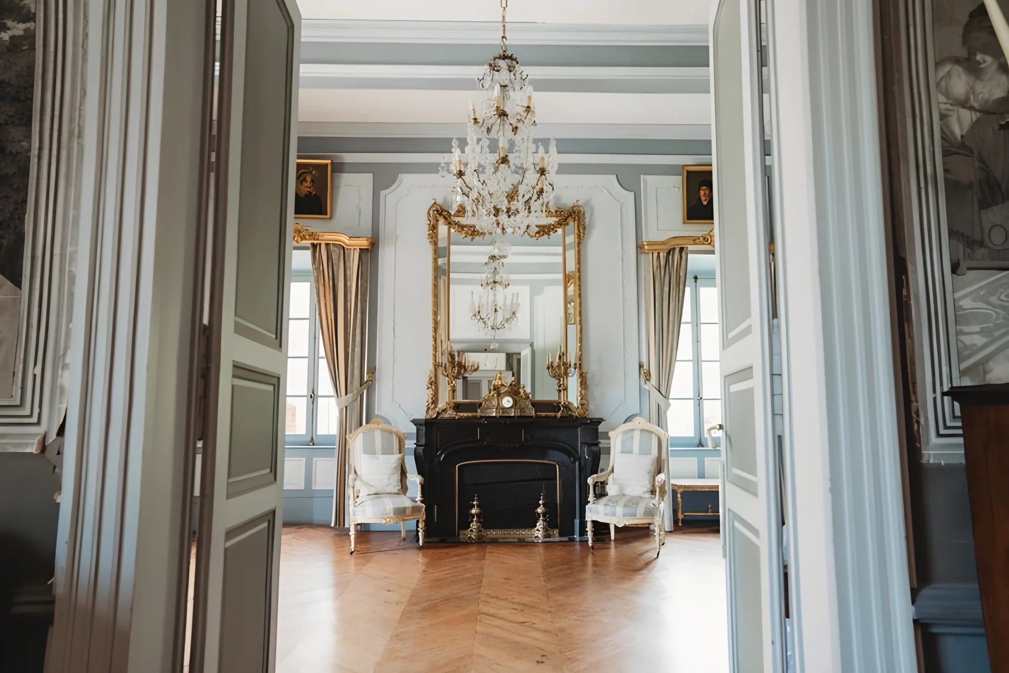 A salon with its chandelier and marble fireplace, seen through open doors